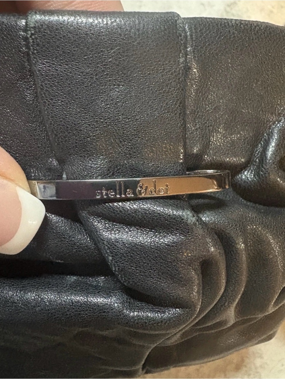 Stella & Dot Black Leather Clutch with Silver Logo Bar